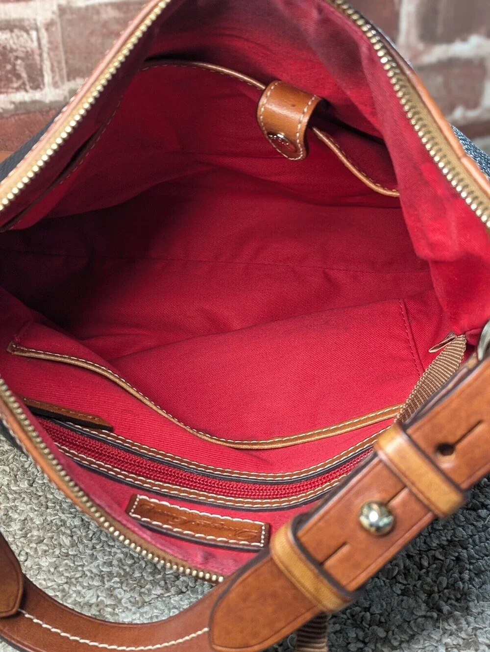 Dooney Bourke Pebble Grain Hobo Shoulder Bag Black Leather Tan Trim